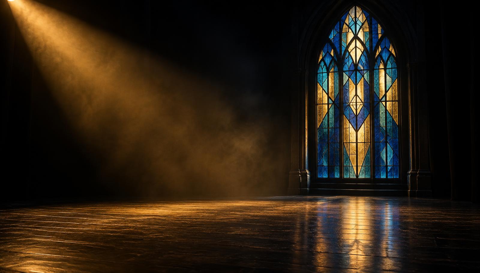 A dark theater stage lit by gold light in front of a tall blue stained glass window