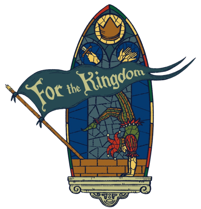 For the Kingdom logo: a stained glass window with a jester doing a handstand